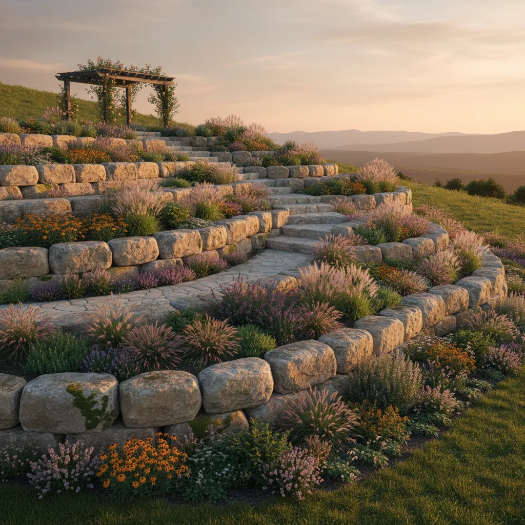 terraced boulder retaining walls with plants on hillside garden