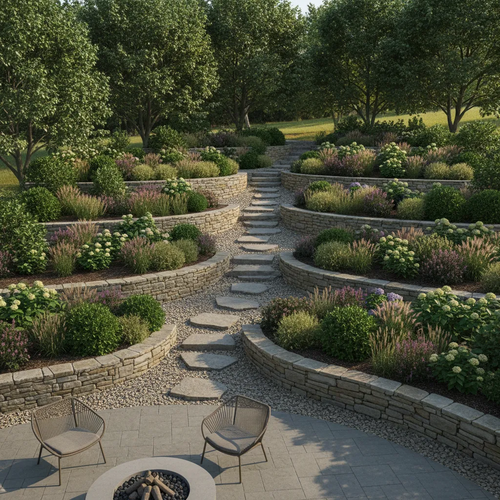 Terraced garden design on gentle slope with stone retaining edges