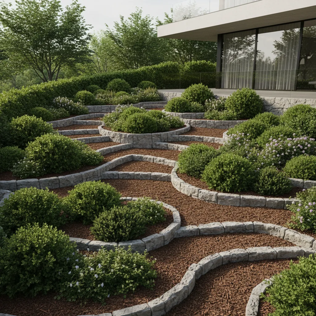 small terraced planting pockets stabilizing a gentle slope garden