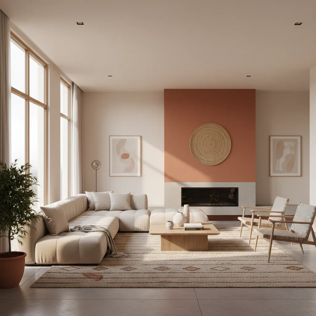modern living room with terracotta accent wall and cream surroundings