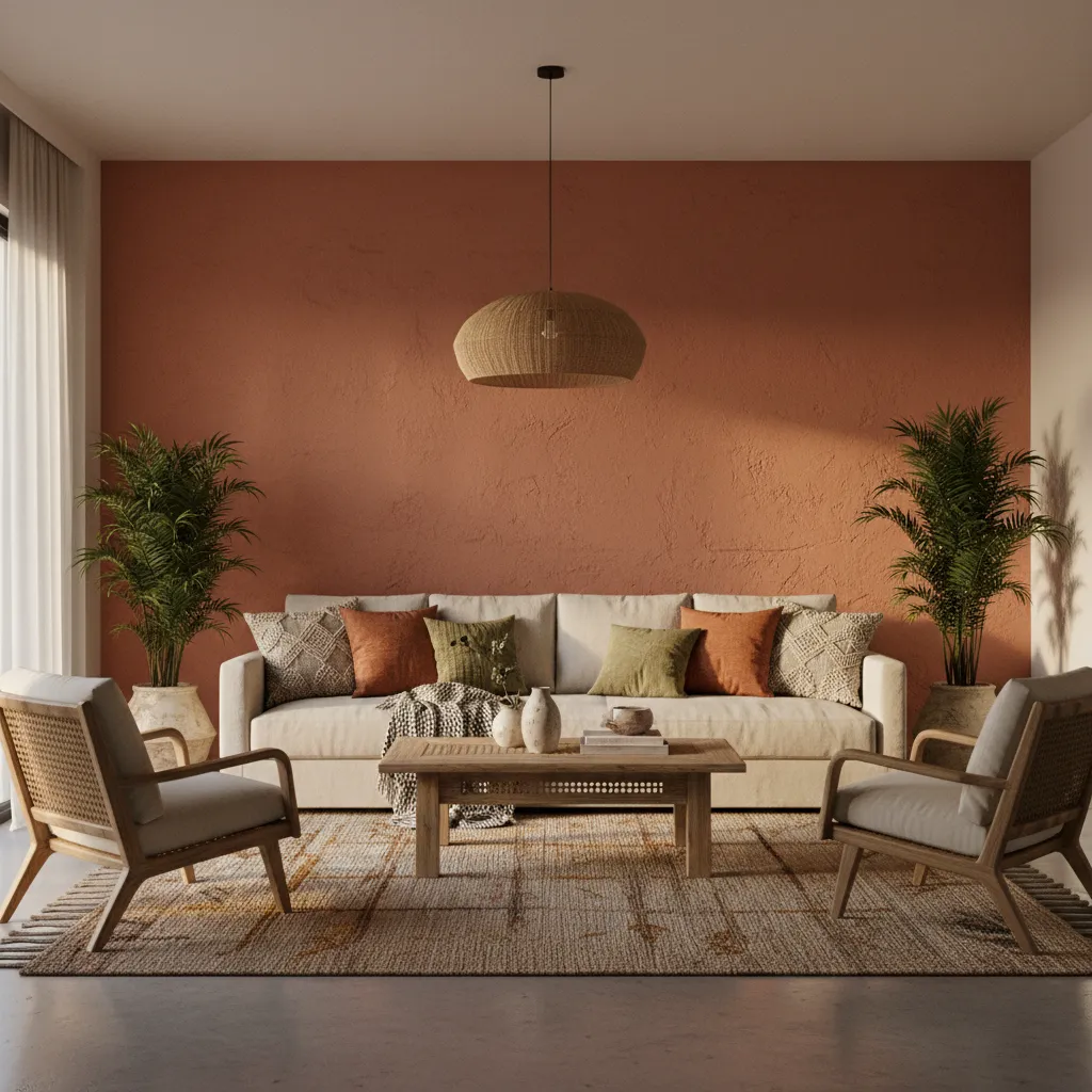 Living room featuring terracotta accent wall with cream neutral walls and textured decor