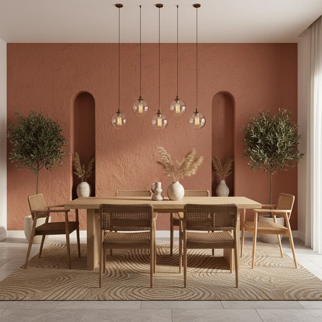 Dining room with terracotta accent wall and wood furniture