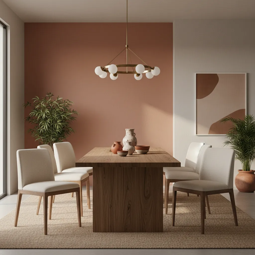 dining room with muted terracotta accent wall and wooden table