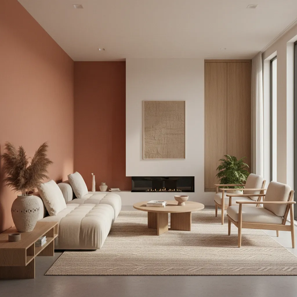 living room with terracotta accent wall and neutral furniture