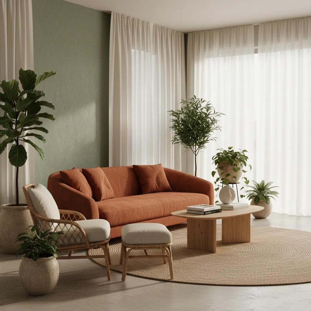 terracotta and sage green living room interior palette
