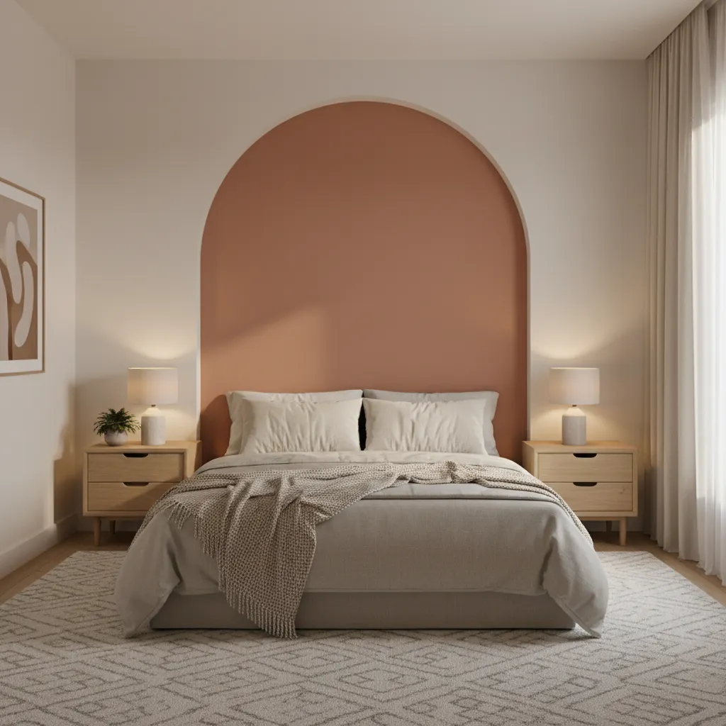 bedroom with terracotta painted arch wall behind bed
