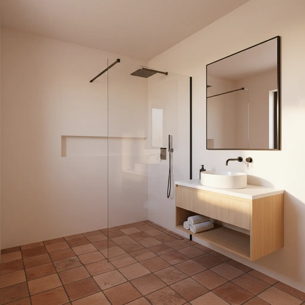 bathroom layout showing terracotta tile floor with light wall contrast