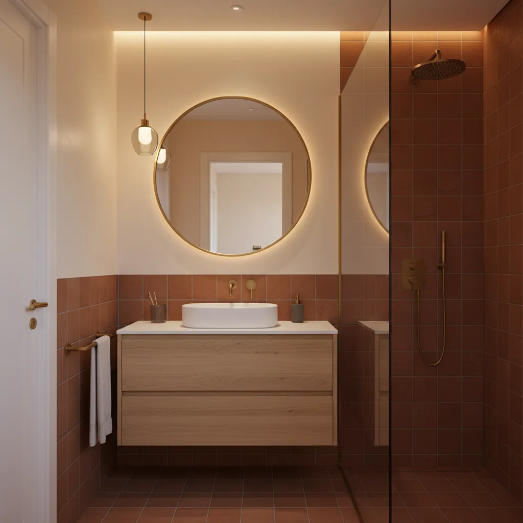 bathroom combining terracotta tiles with light wood vanity and cream walls