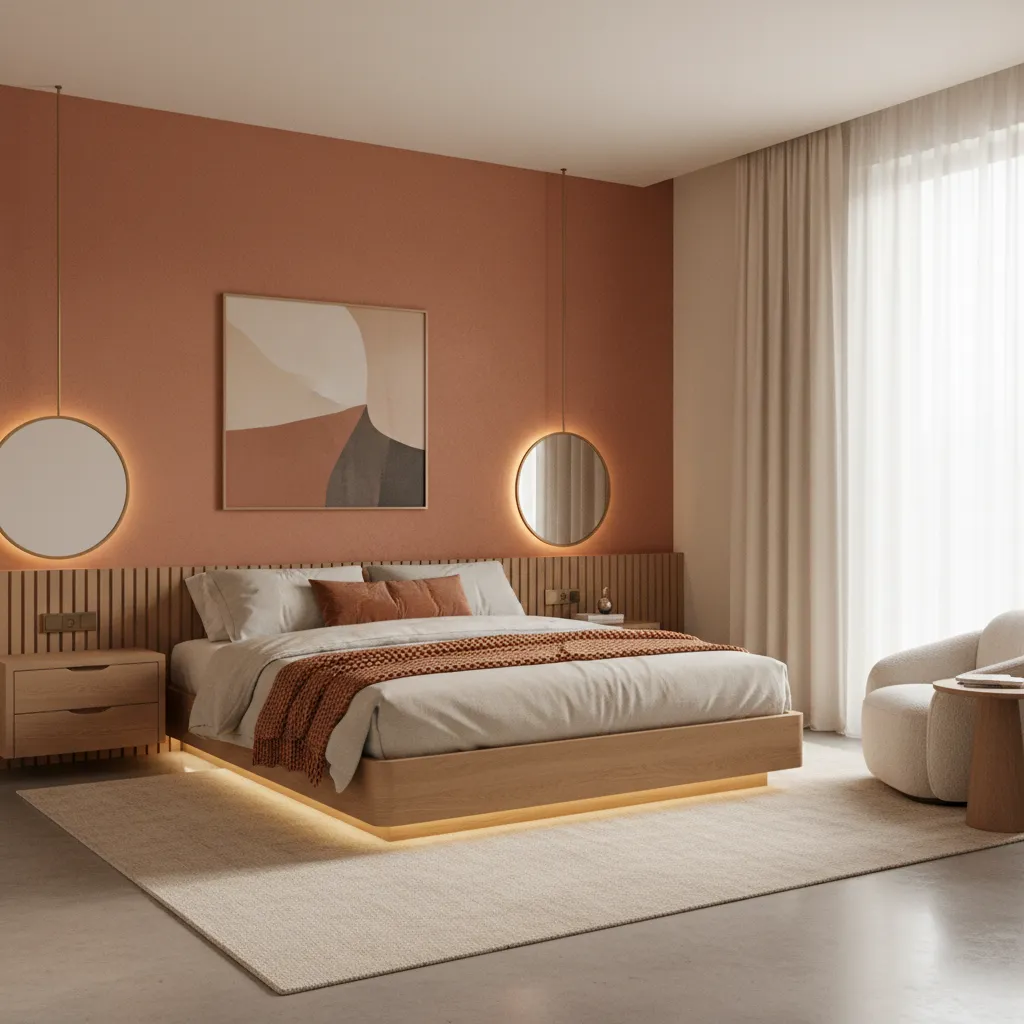 Boutique hotel bedroom with terracotta accent and cream walls