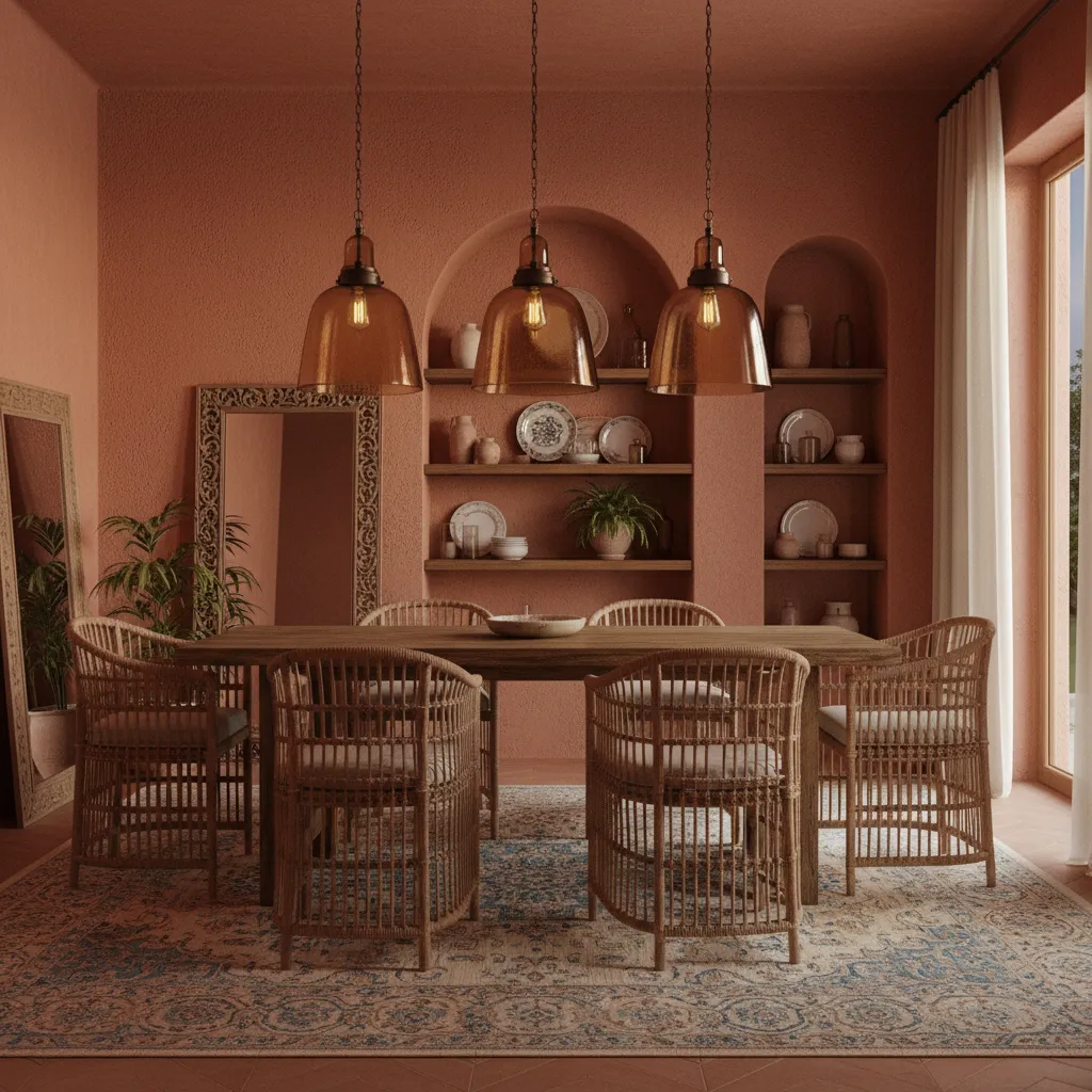 terracotta dining room wall color with wooden table and warm lighting