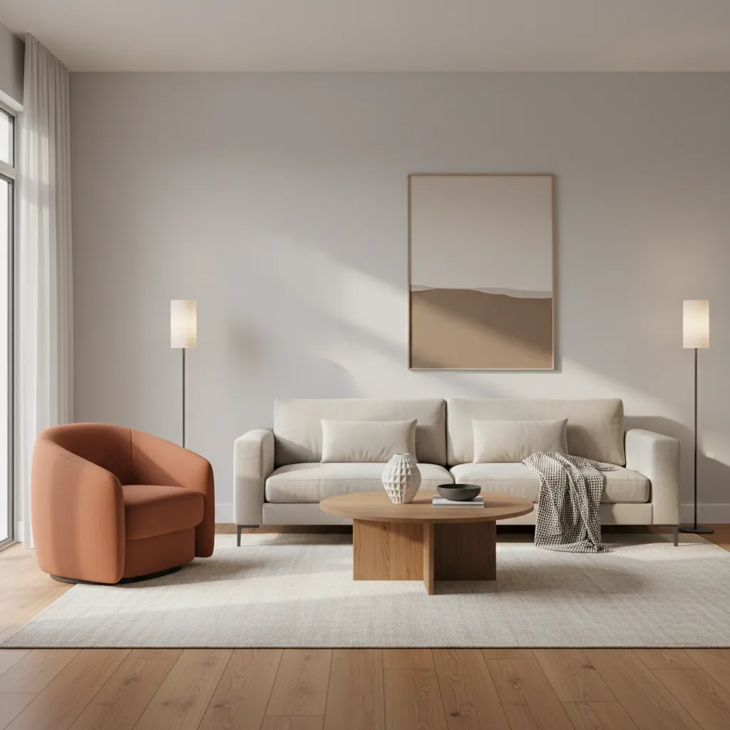 living room with gray walls and terracotta accent chair