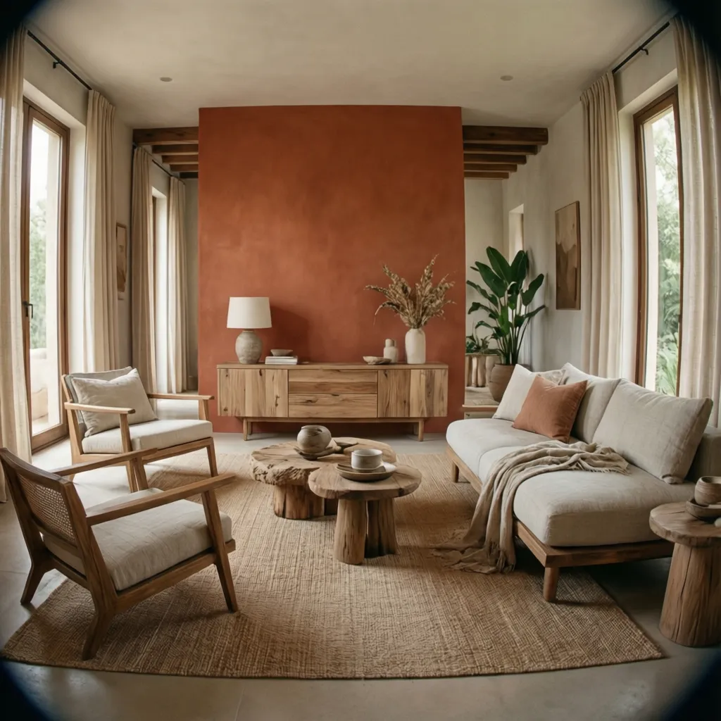 Interior moderno con tonos terracota y materiales naturales