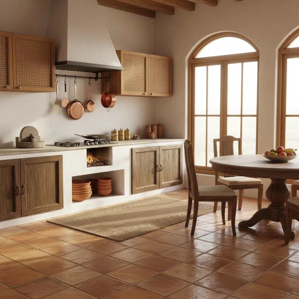 Indian kitchen with terracotta style floor and wall tiles