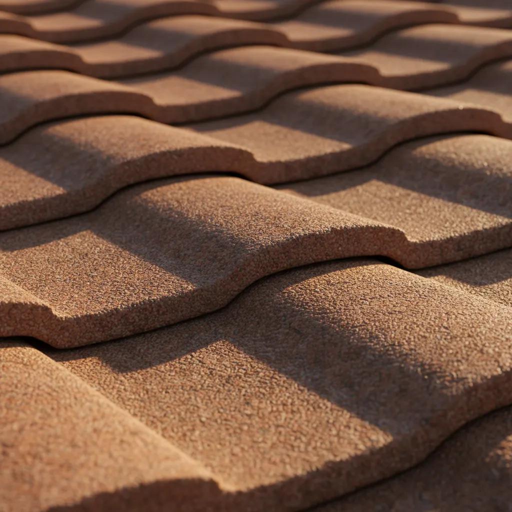 Close up view of overlapping terracotta style roof tiles showing installation detail