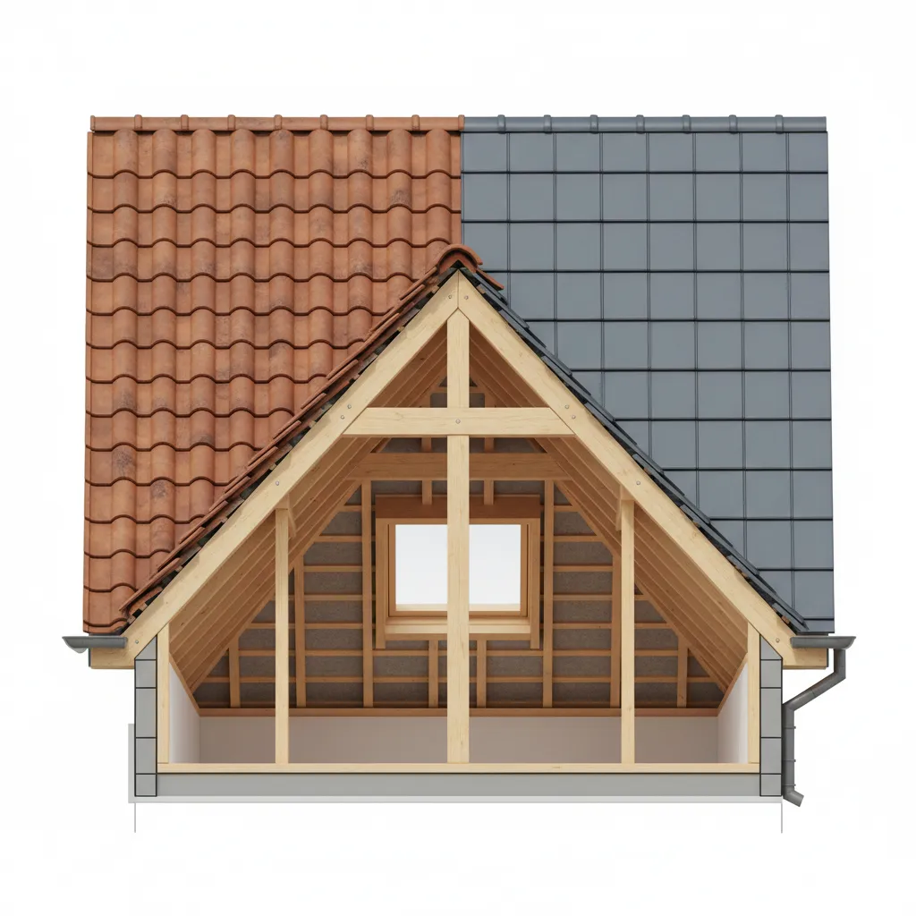 Roof framing and tile installation showing weight differences between clay and synthetic tiles