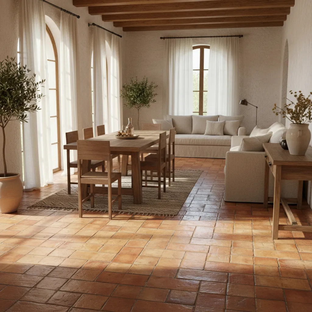 Piso de terracota en interior estilo mediterráneo