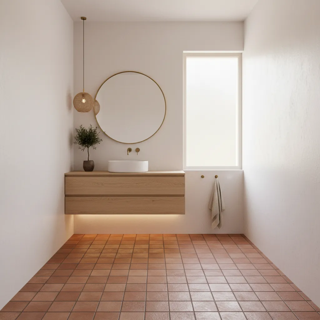 compact bathroom with terracotta tile floor and white walls