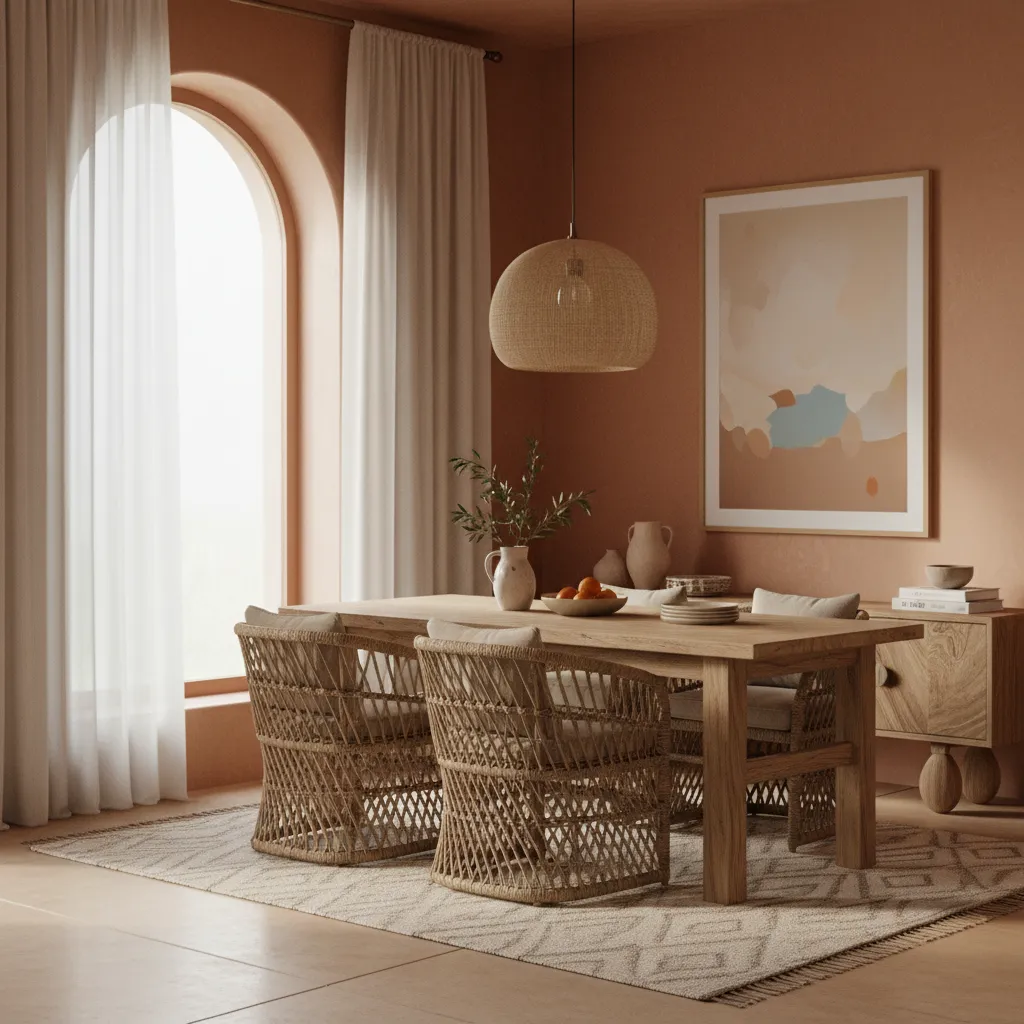 small dining room with terracotta walls and natural wood furniture