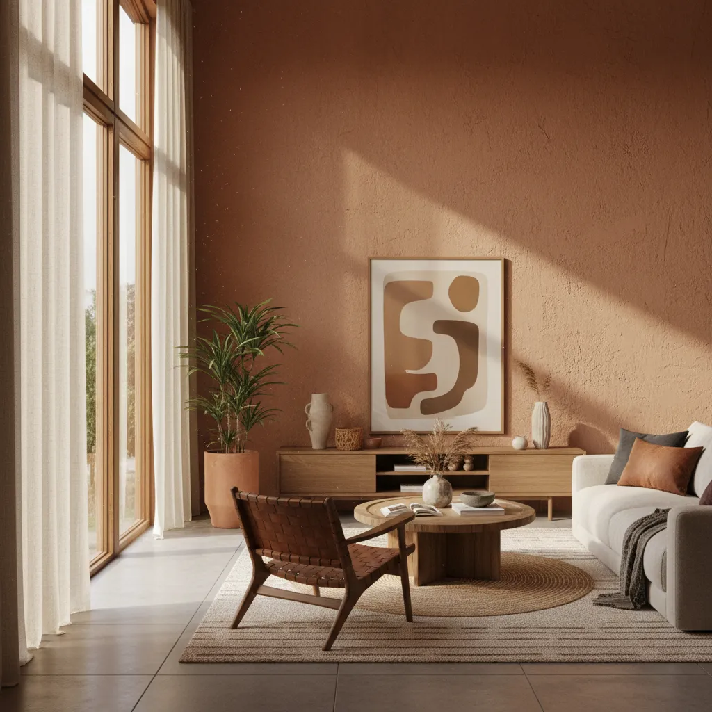 Pared terracota con iluminación natural en salón