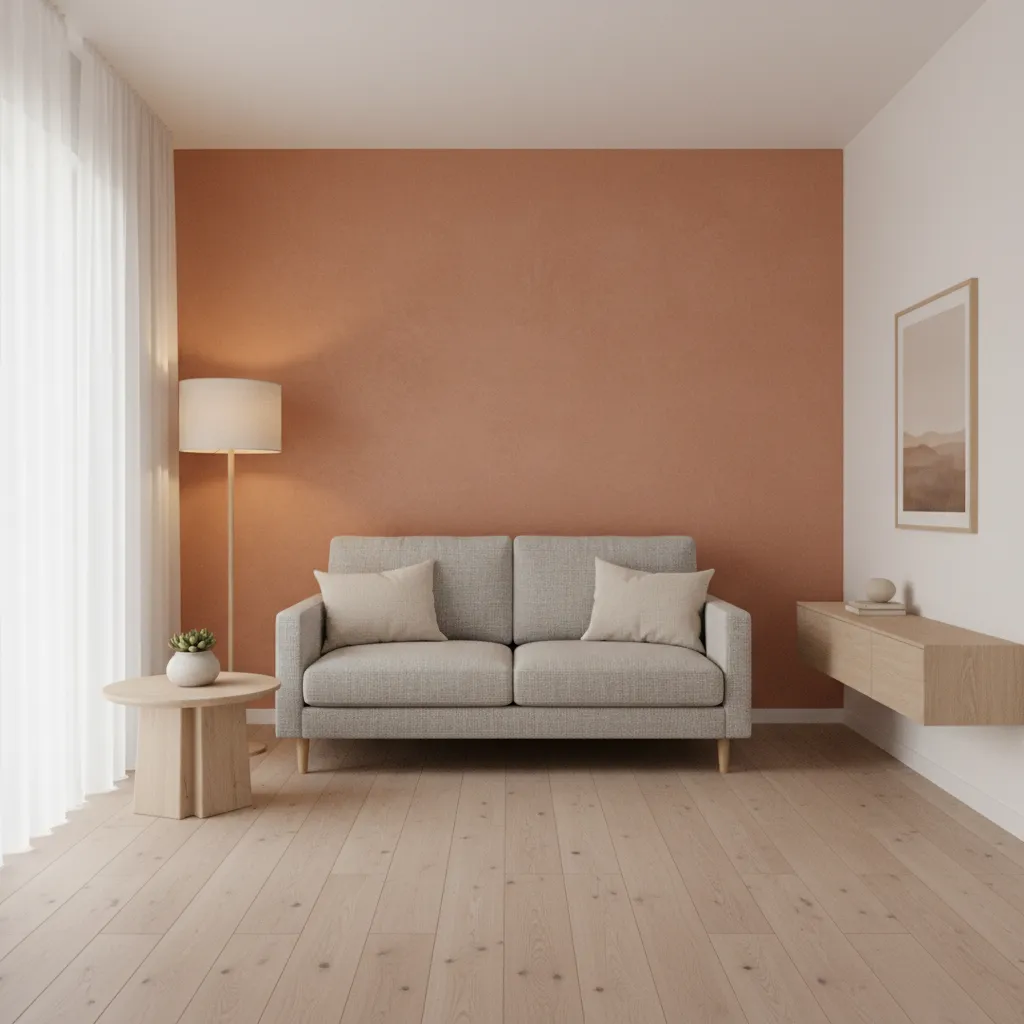 small room with terracotta painted feature wall and minimalist decor