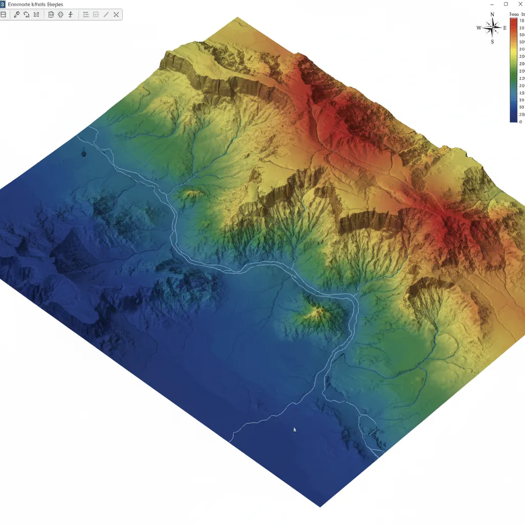 terrain elevation analysis showing river flow direction in a 3D model