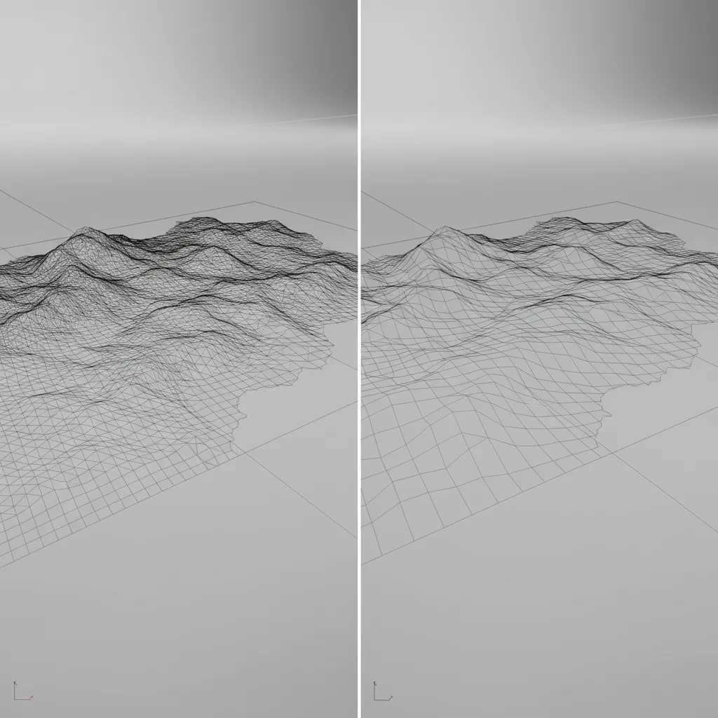 comparison of high polygon terrain mesh and optimized terrain mesh