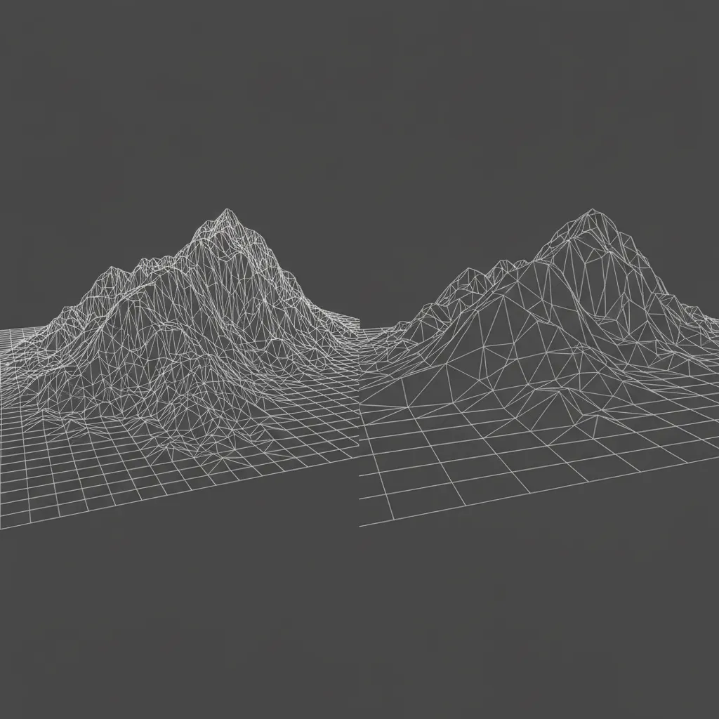 wireframe comparison showing high density terrain mesh and optimized terrain mesh