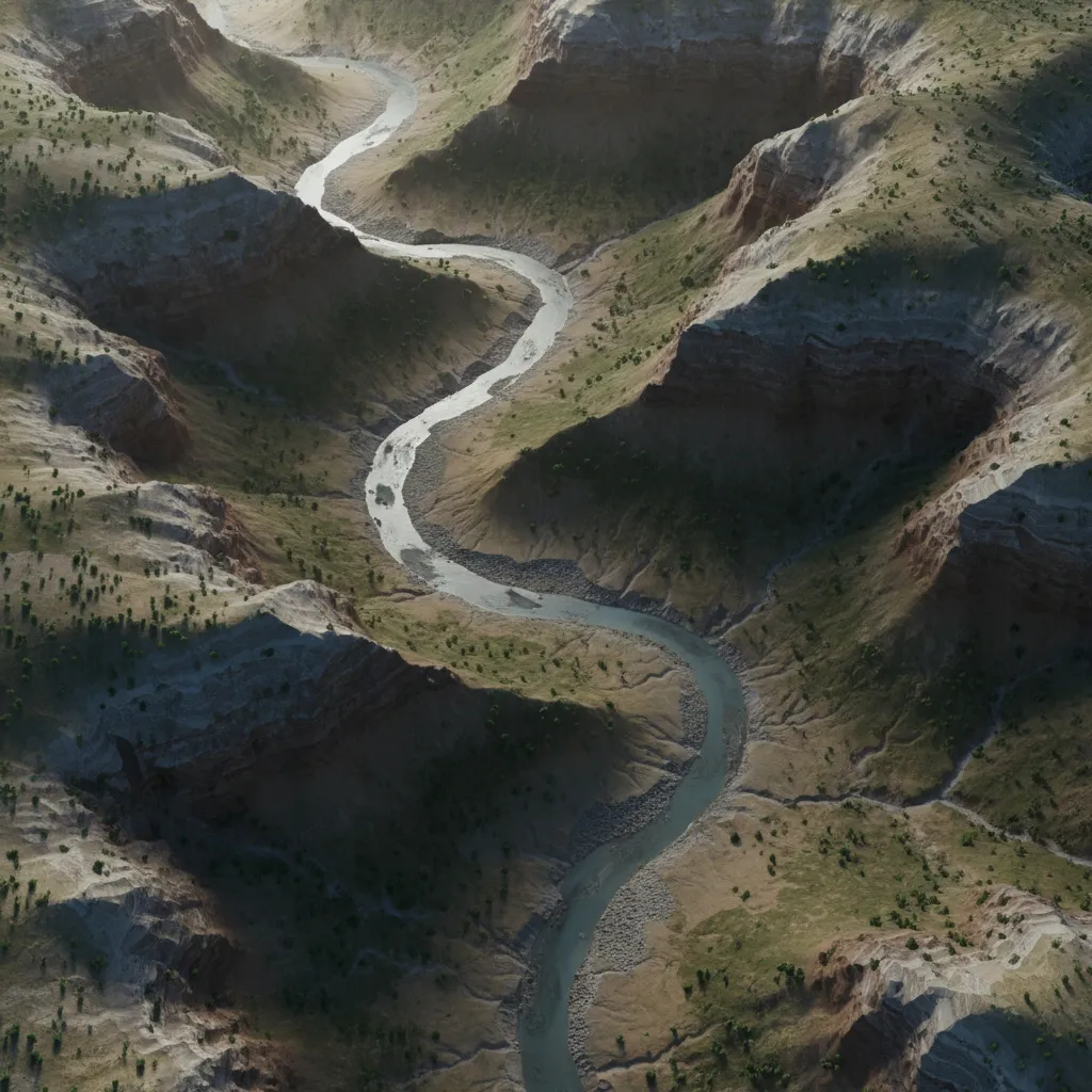 3D terrain model showing river system carved through landscape valleys