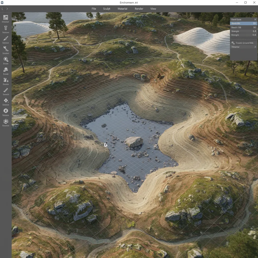 3D terrain sculpting process forming a natural pond basin in environment art software