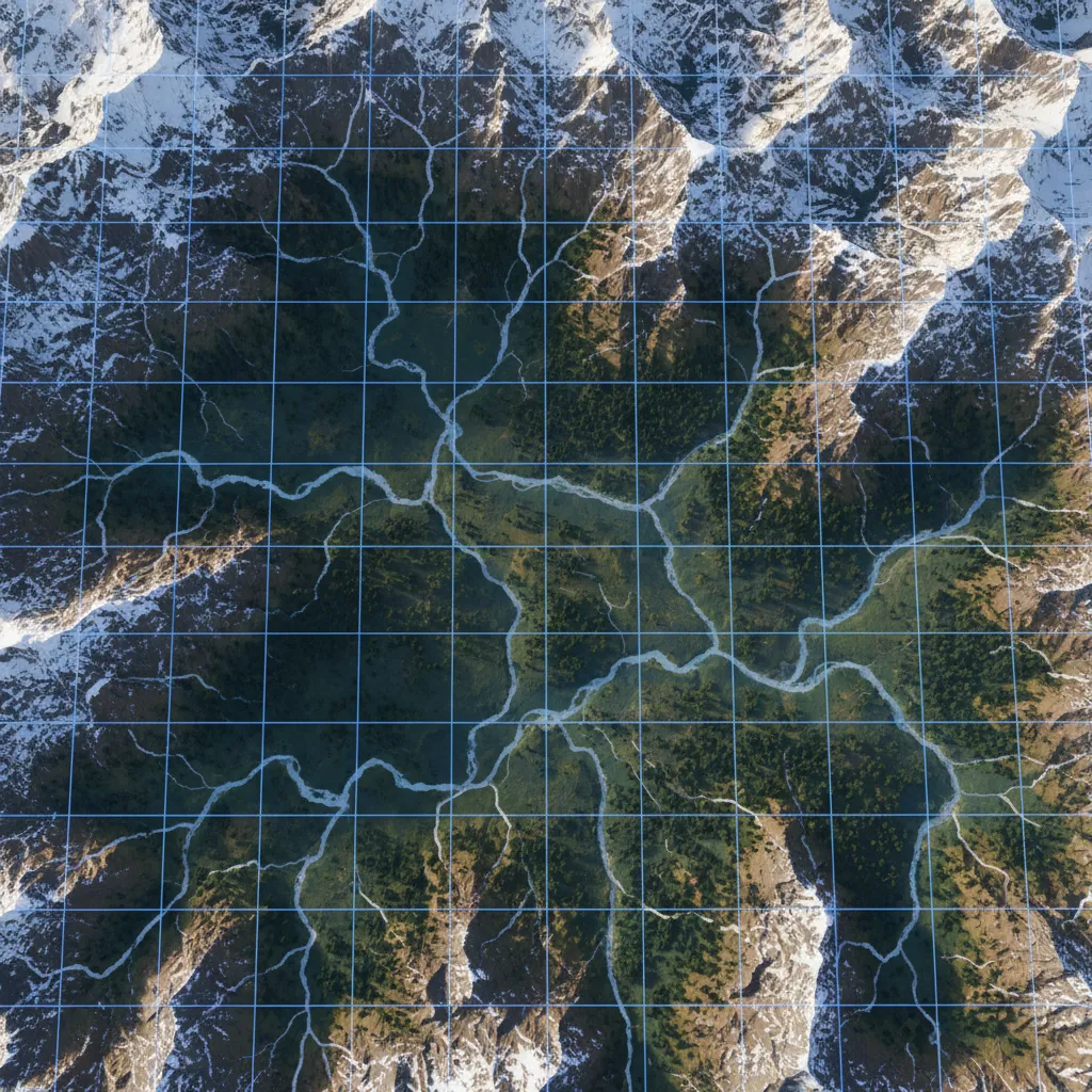 large terrain divided into streaming grid tiles for open world performance