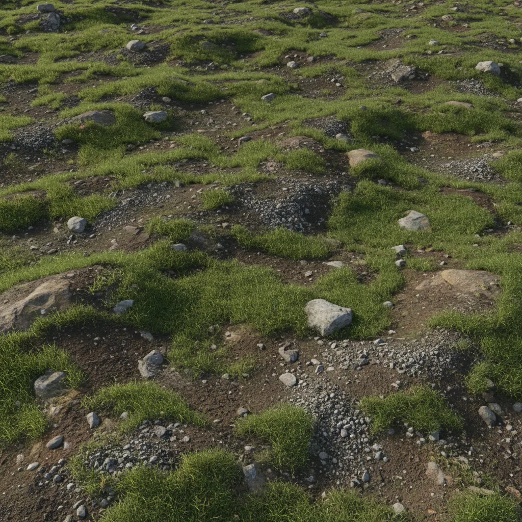 Detailed terrain material showing grass soil and gravel variation in landscape rendering