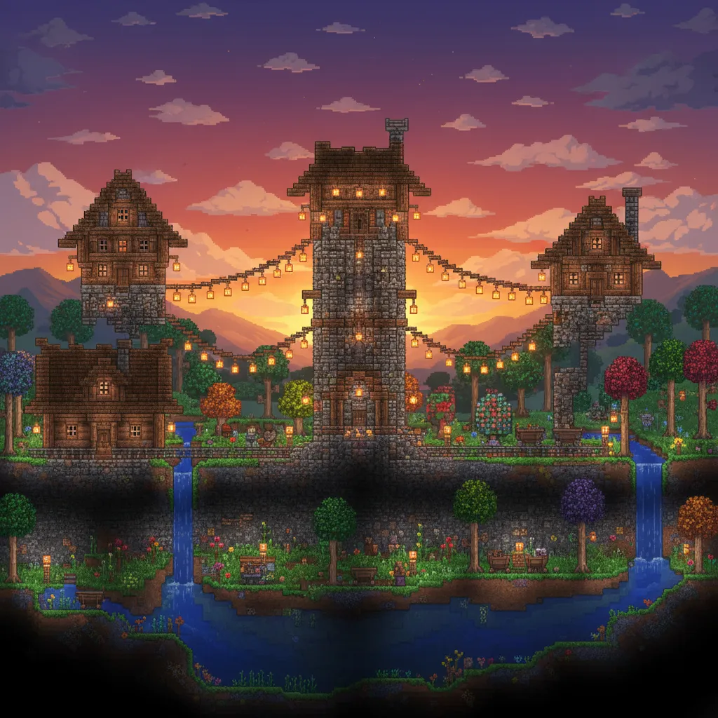 Base avanzada en Terraria con múltiples edificios conectados