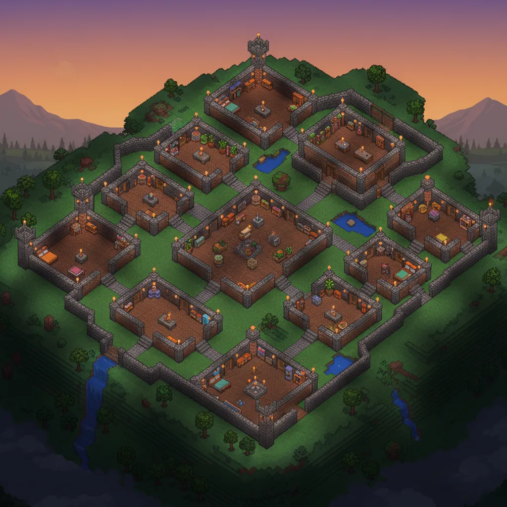 Planificación de base en Terraria con varias habitaciones organizadas