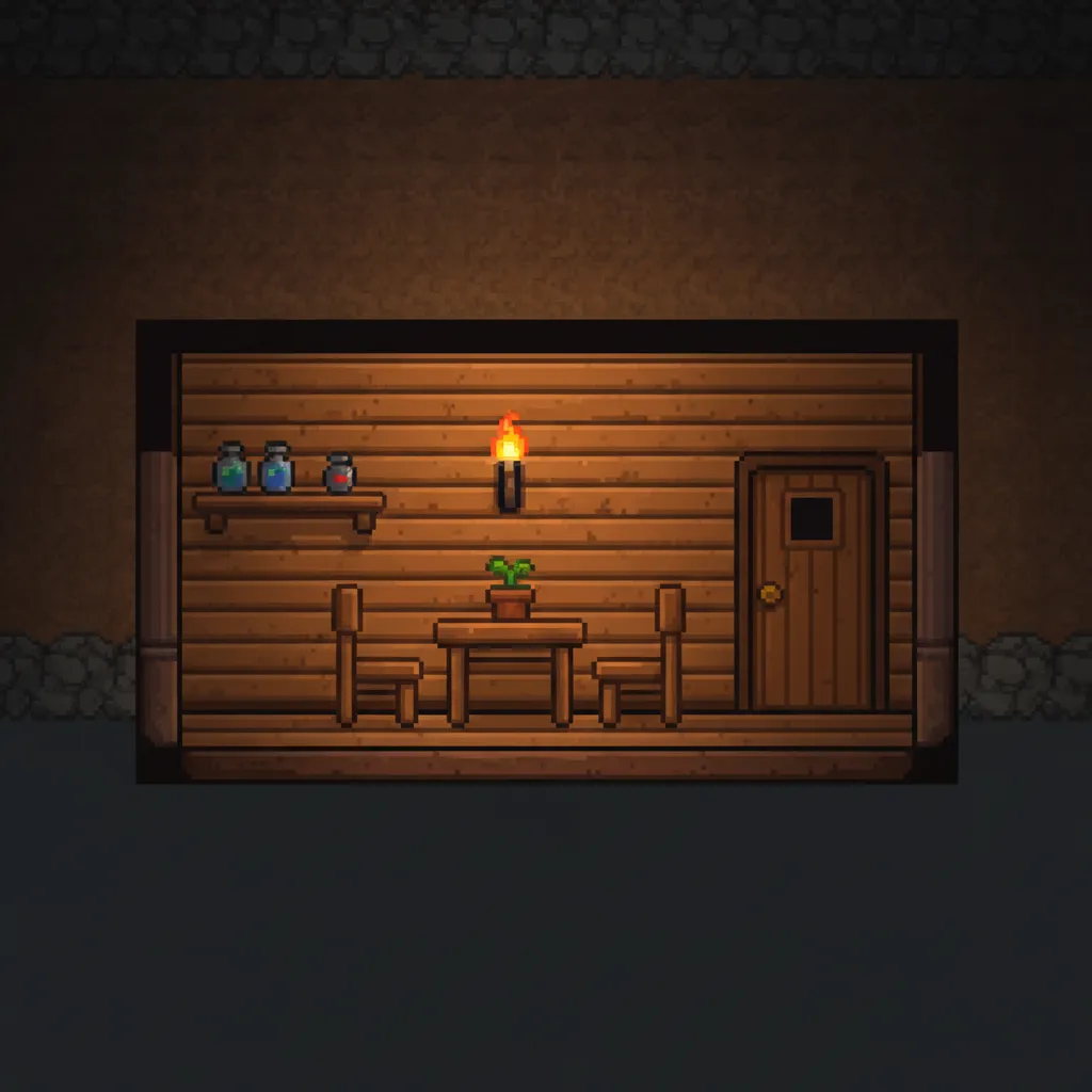 Ejemplo simple de casa para NPC en Terraria con mesa, silla y luz
