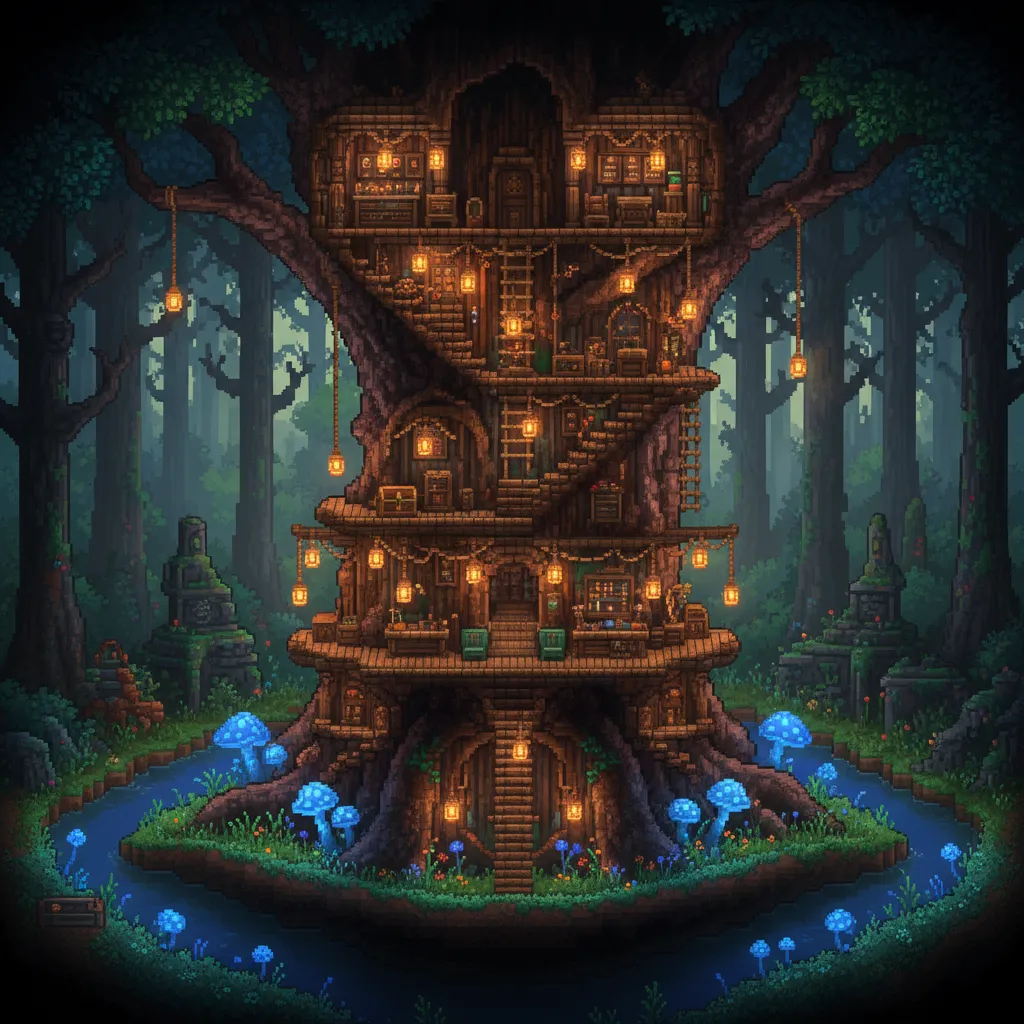 Casa construida dentro de un árbol gigante en Terraria