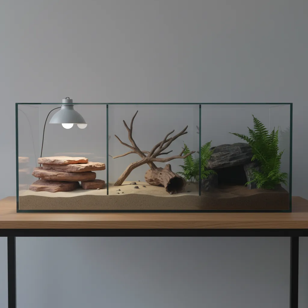 Terrarium layout showing basking zone warm zone and cool shaded zone