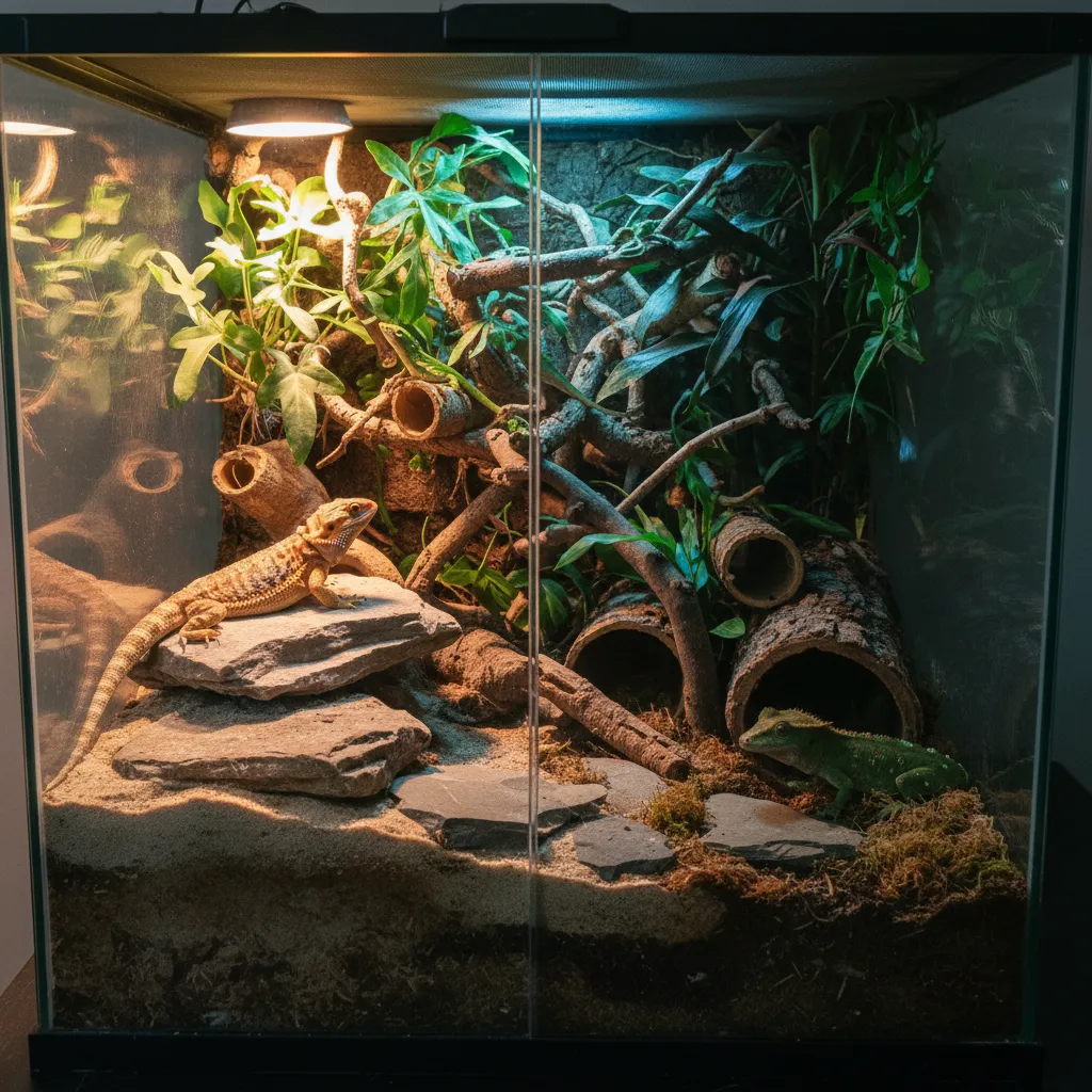 Terrarium showing basking area mid light and shaded zones