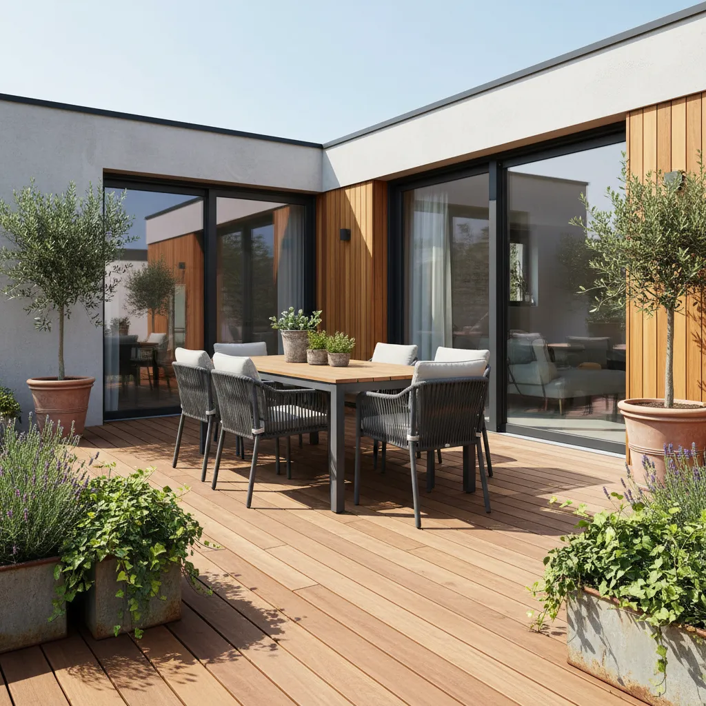 Terraza de tamaño medio con mesa exterior y plantas