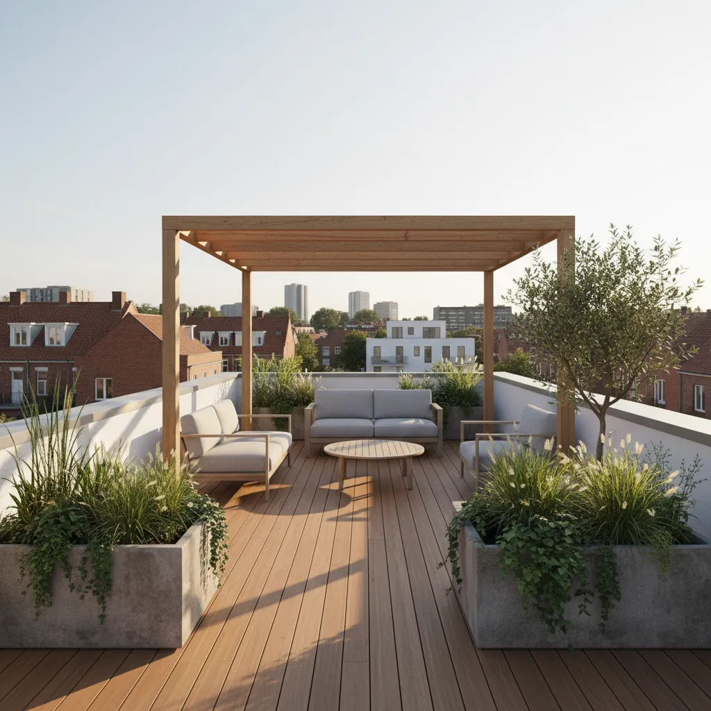 Terraza en azotea de una casa pequeña con zona de descanso