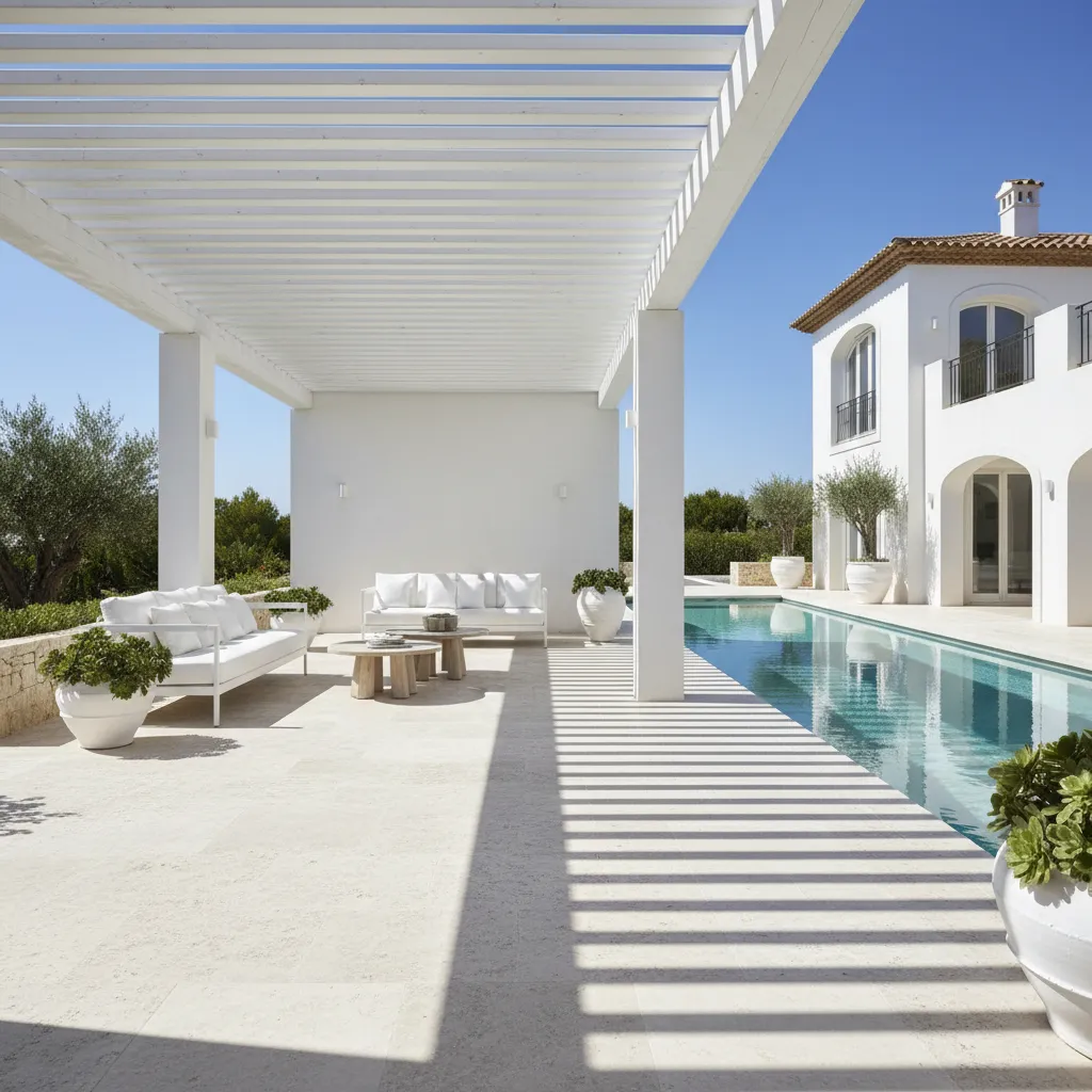 Terraza minimalista blanca junto a piscina con zona de descanso