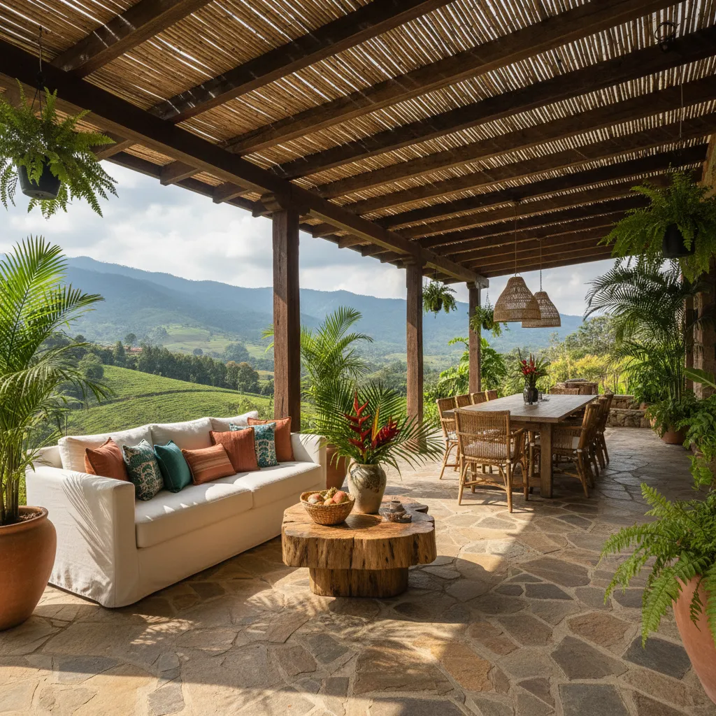 Terraza amplia de una casa campestre con muebles exteriores