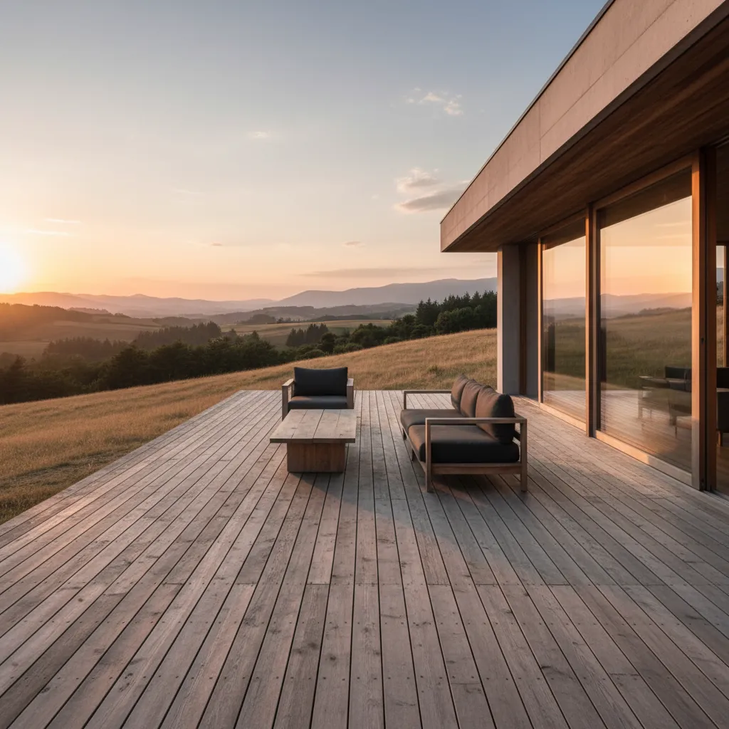 Outdoor wooden deck with black sofa and chairs overlooking a sunset view of rolling green hills