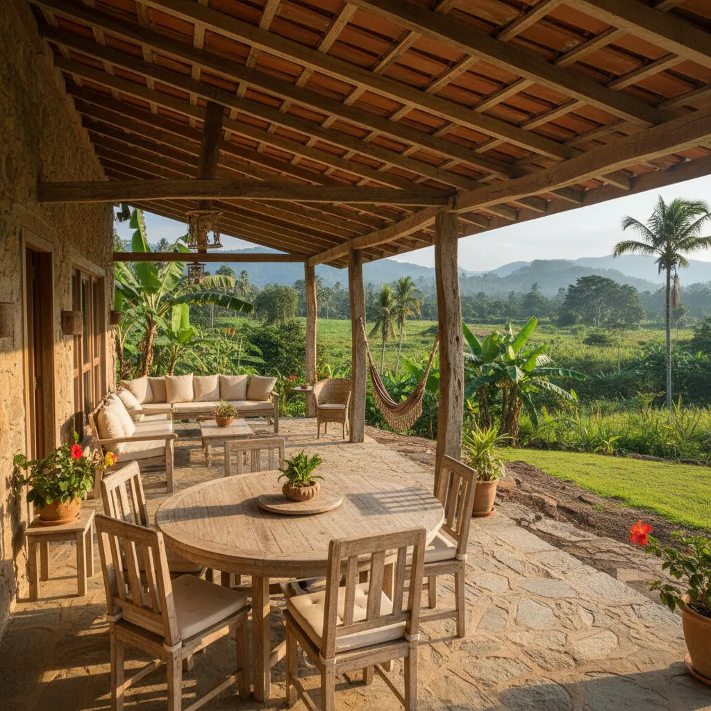 Terraza amplia de casa de campo con muebles de madera y vista a la naturaleza