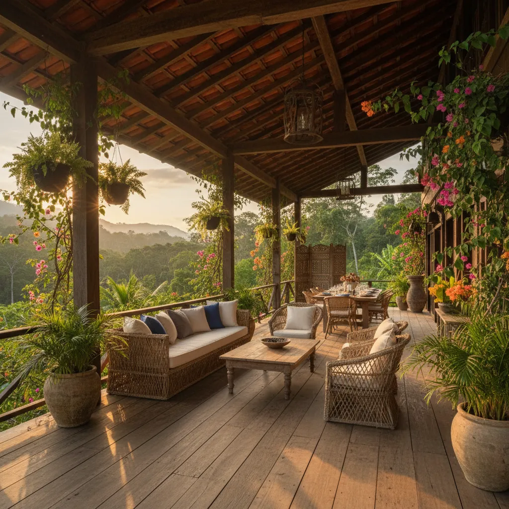 Terraza amplia de casa de campo con vista a paisaje tropical