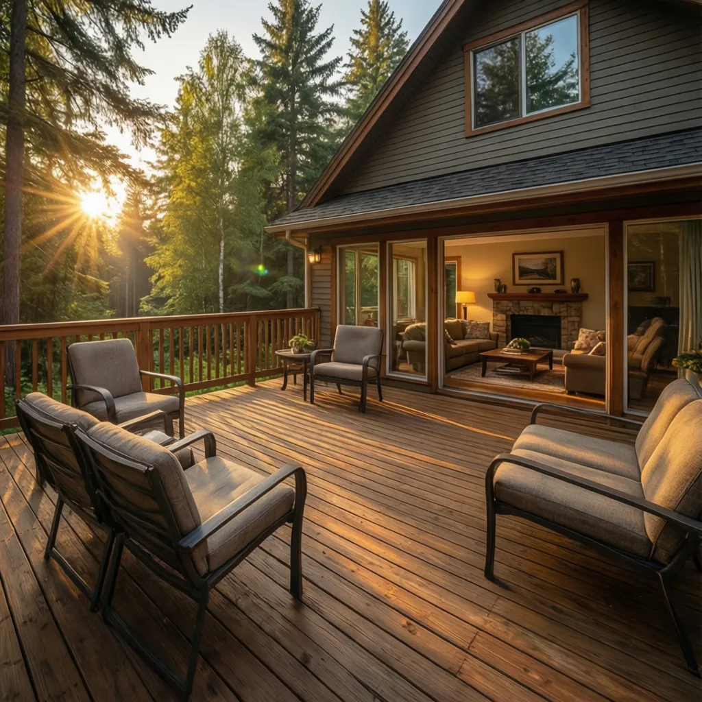 Terraza trasera de una casa estilo canadiense conectada al salón