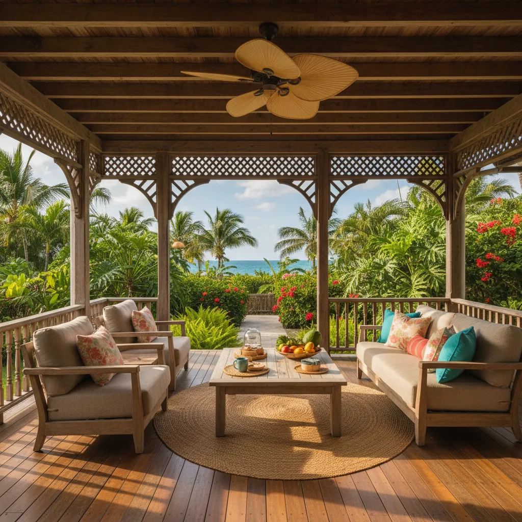 Terraza cubierta de una casa caribeña con muebles de exterior