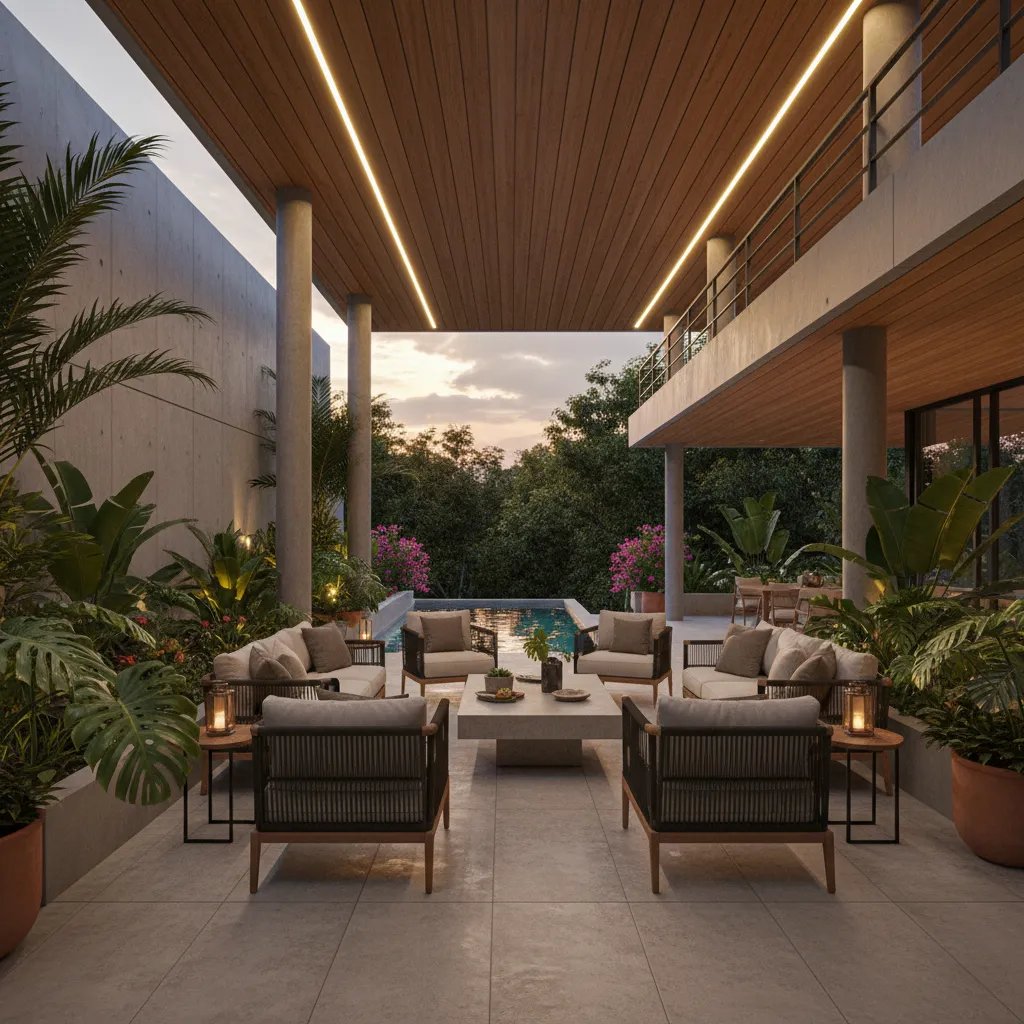 Terraza exterior de casa colombiana con zona social