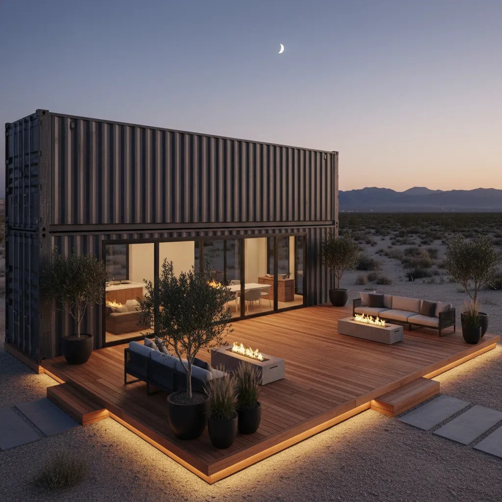 Casa contenedor con terraza exterior de madera y grandes ventanales
