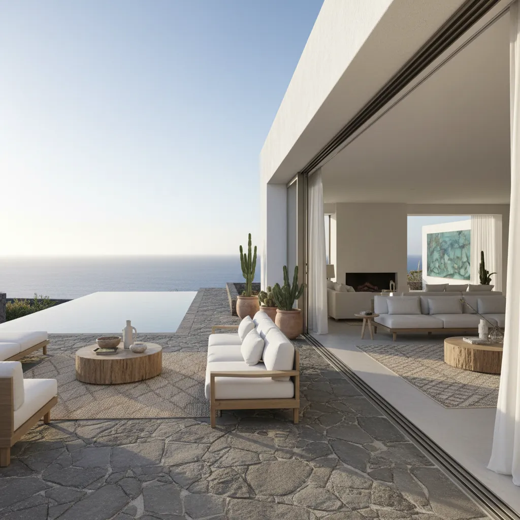 Terraza moderna conectada al salón en una casa de diseño en Gran Canaria