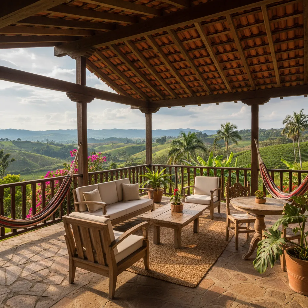 Terraza amplia de casa finca con vista al paisaje rural